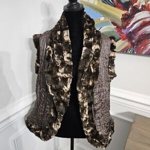 Vintage Lindi Quilted Reversible Brown Print Crinkle Vest Top with Pockets Sz L